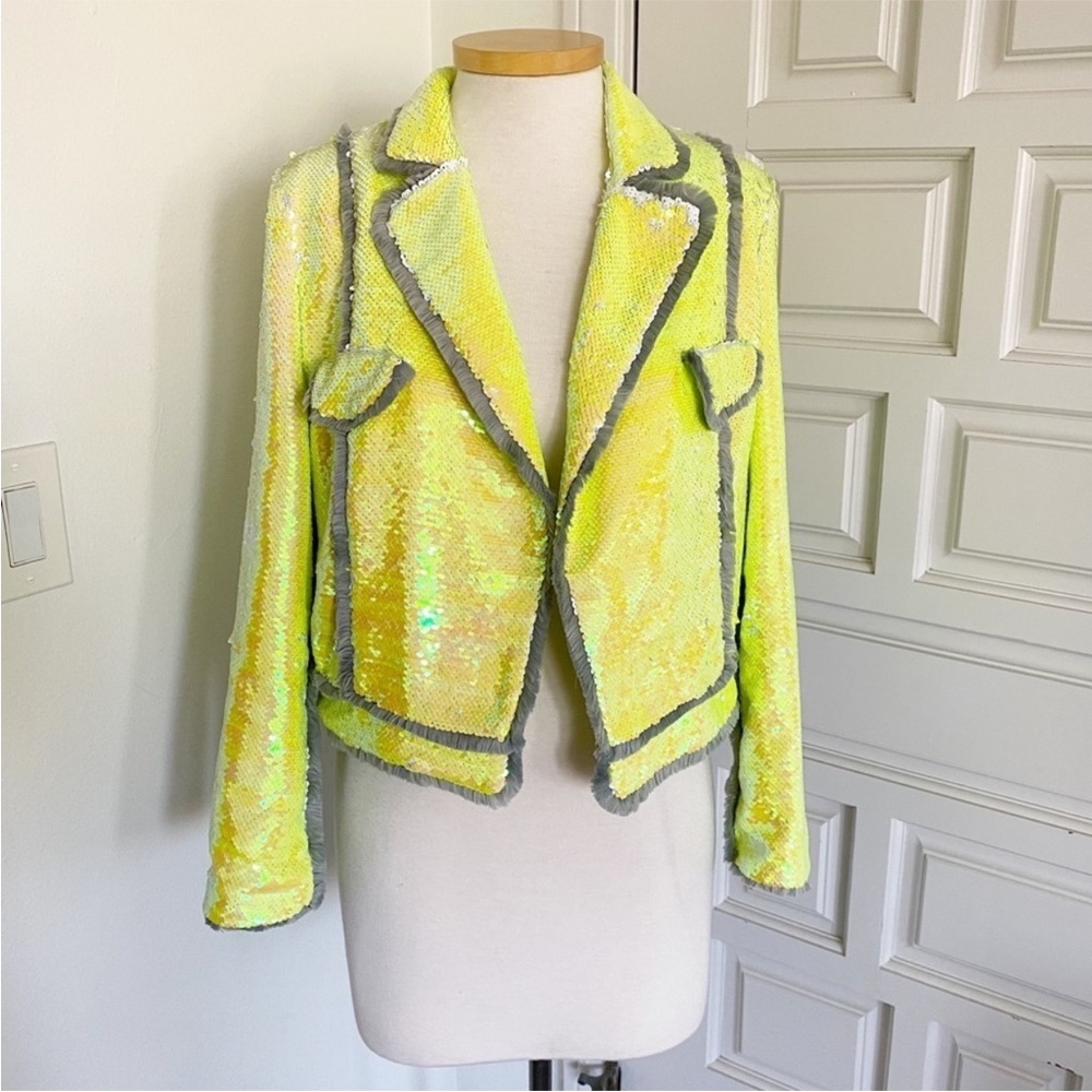 Hot & Delicious Neon Yellow Sequins Jacket Blazer Sparkly Unique Statement